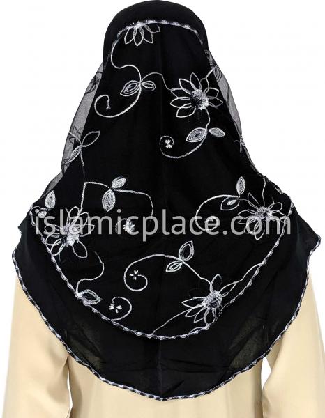 Black - Floral Sketch Hijab Al-Amira Teen to Adult (Large) - Design 9