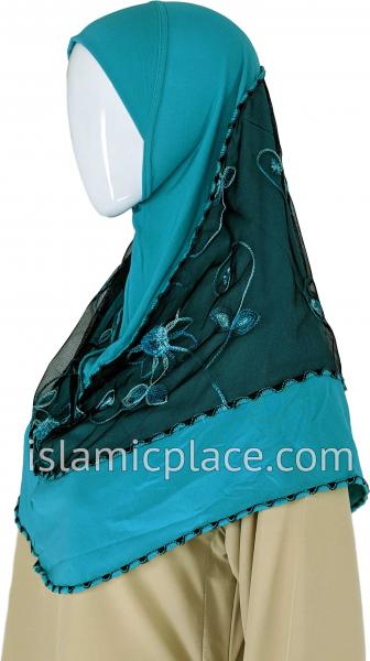Teal and Turquoise - Floral Sketch Hijab Al-Amira Teen to Adult (Large) - Design 9