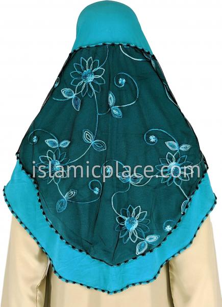 Teal and Turquoise - Floral Sketch Hijab Al-Amira Teen to Adult (Large) - Design 9