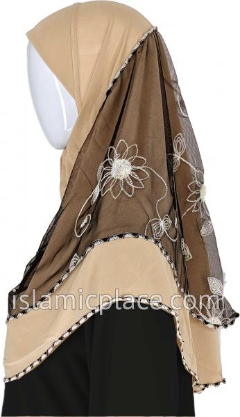 Khaki - Floral Sketch Hijab Al-Amira Teen to Adult (Large) - Design 9