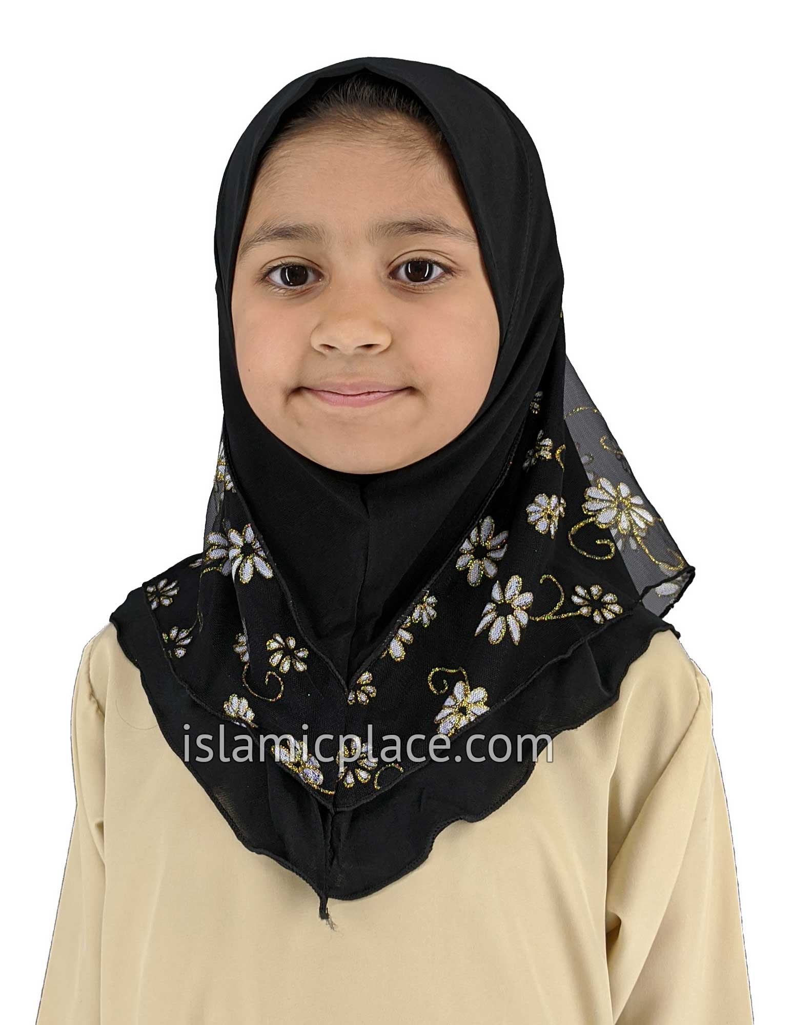 Black - Daisy Sketch Hijab Al-Amira - Girl size (1-piece) - Design 2