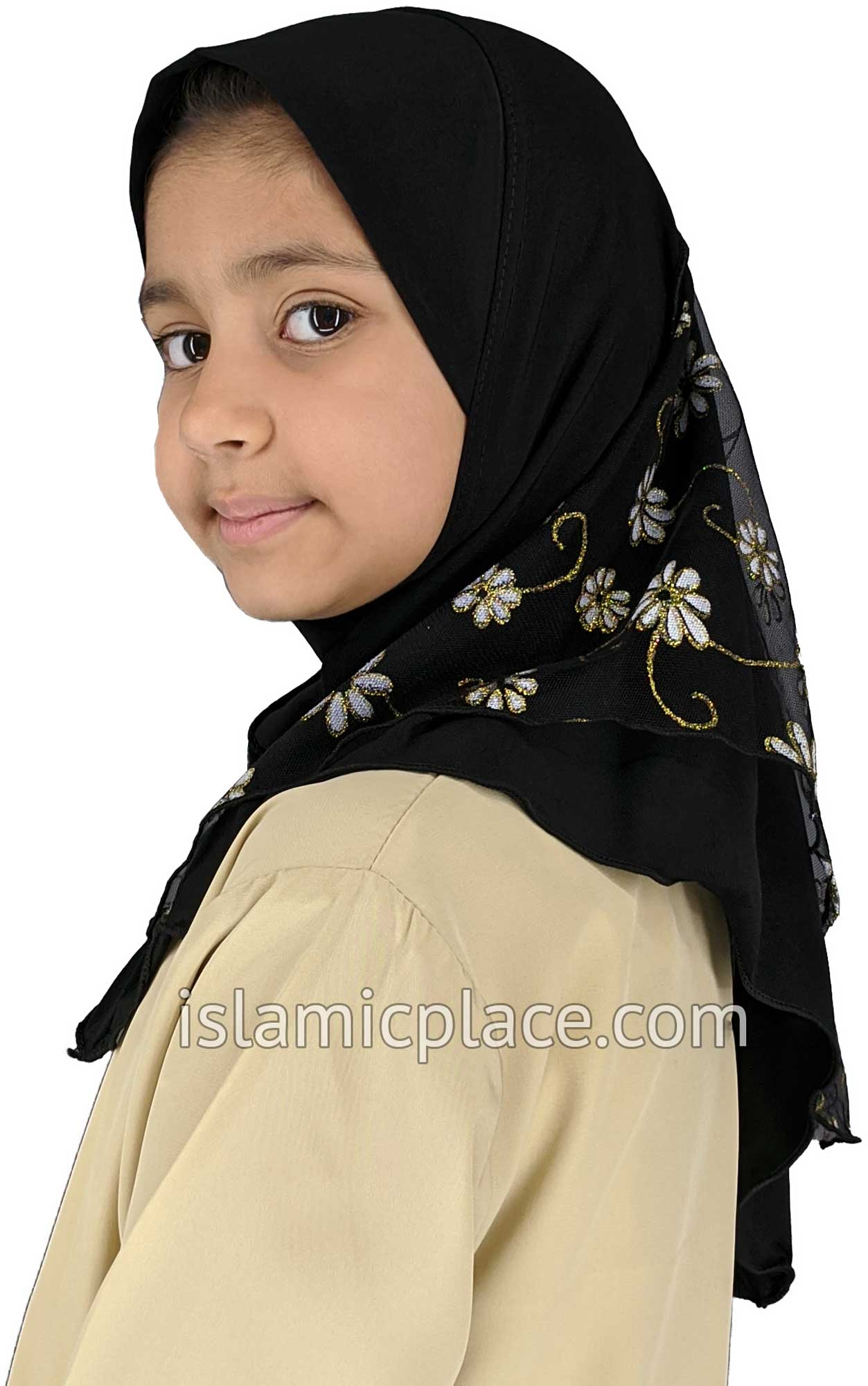 Black - Daisy Sketch Hijab Al-Amira - Girl size (1-piece) - Design 2
