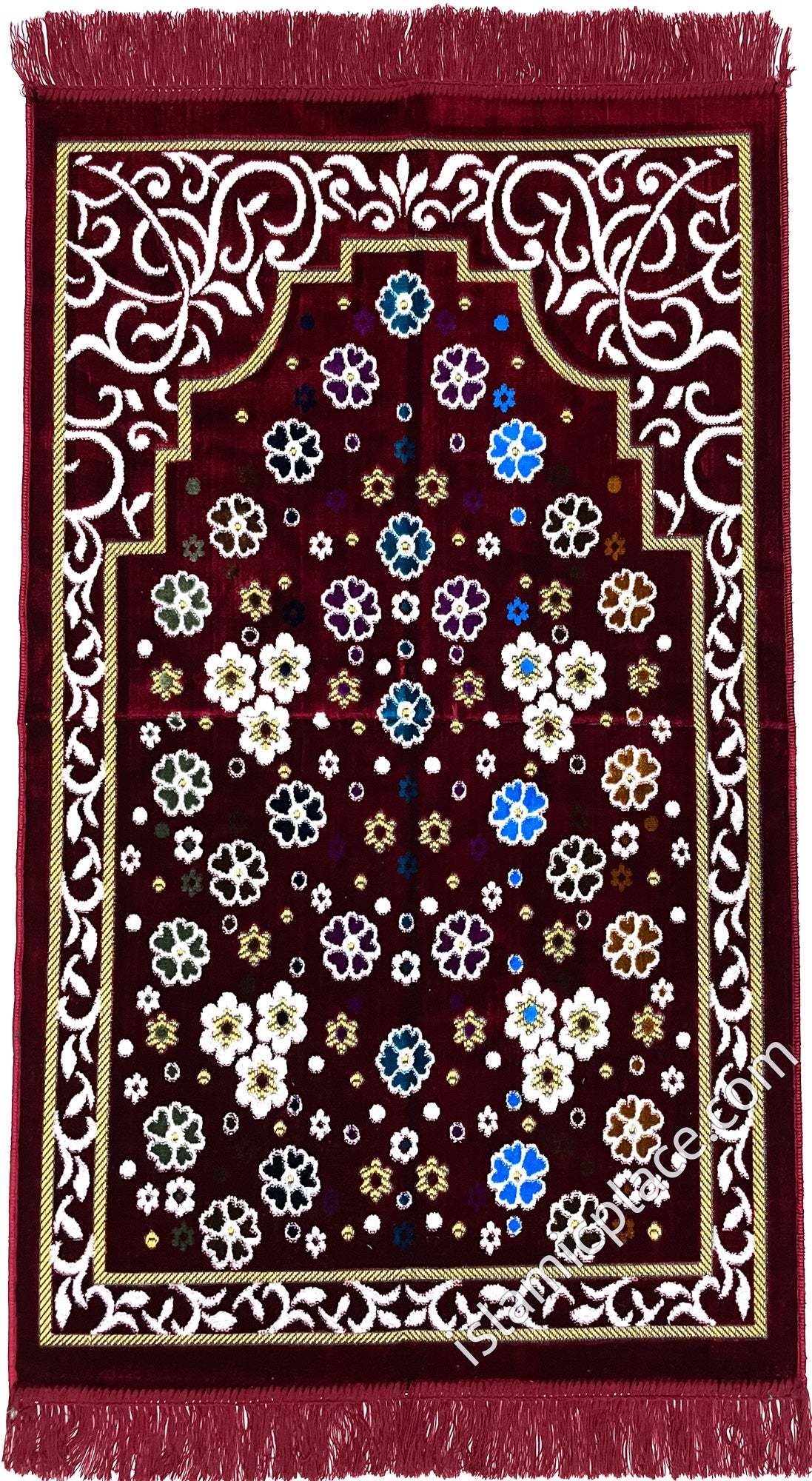 Burgundy Prayer Rug with Floral Paradise Mihrab