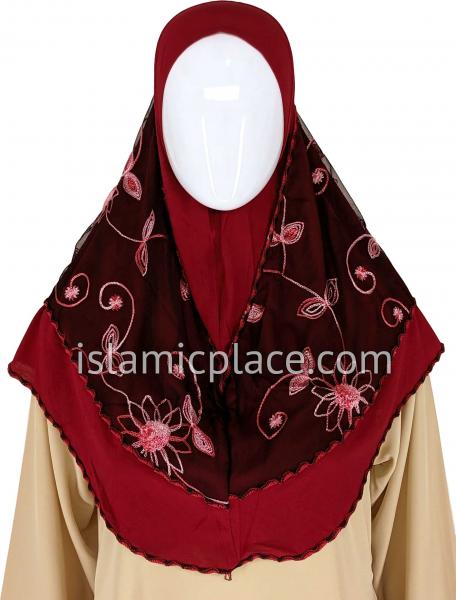 Red and Burgundy - Floral Sketch Hijab Al-Amira Teen to Adult (Large) - Design 9