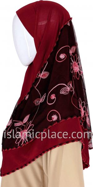Red and Burgundy - Floral Sketch Hijab Al-Amira Teen to Adult (Large) - Design 9