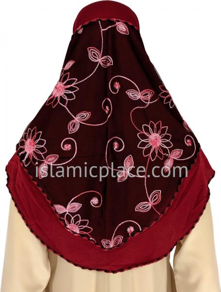 Red and Burgundy - Floral Sketch Hijab Al-Amira Teen to Adult (Large) - Design 9